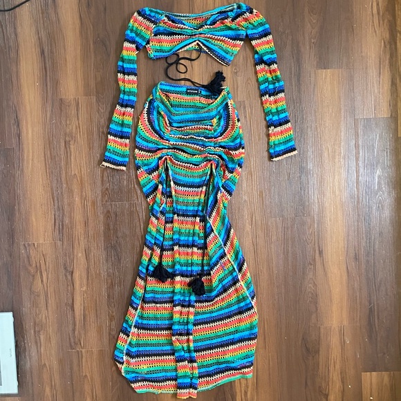 PrettyLittleThing Dresses & Skirts - PrettyLittleThing multicolor rainbow crochet two piece set cropped top and skirt